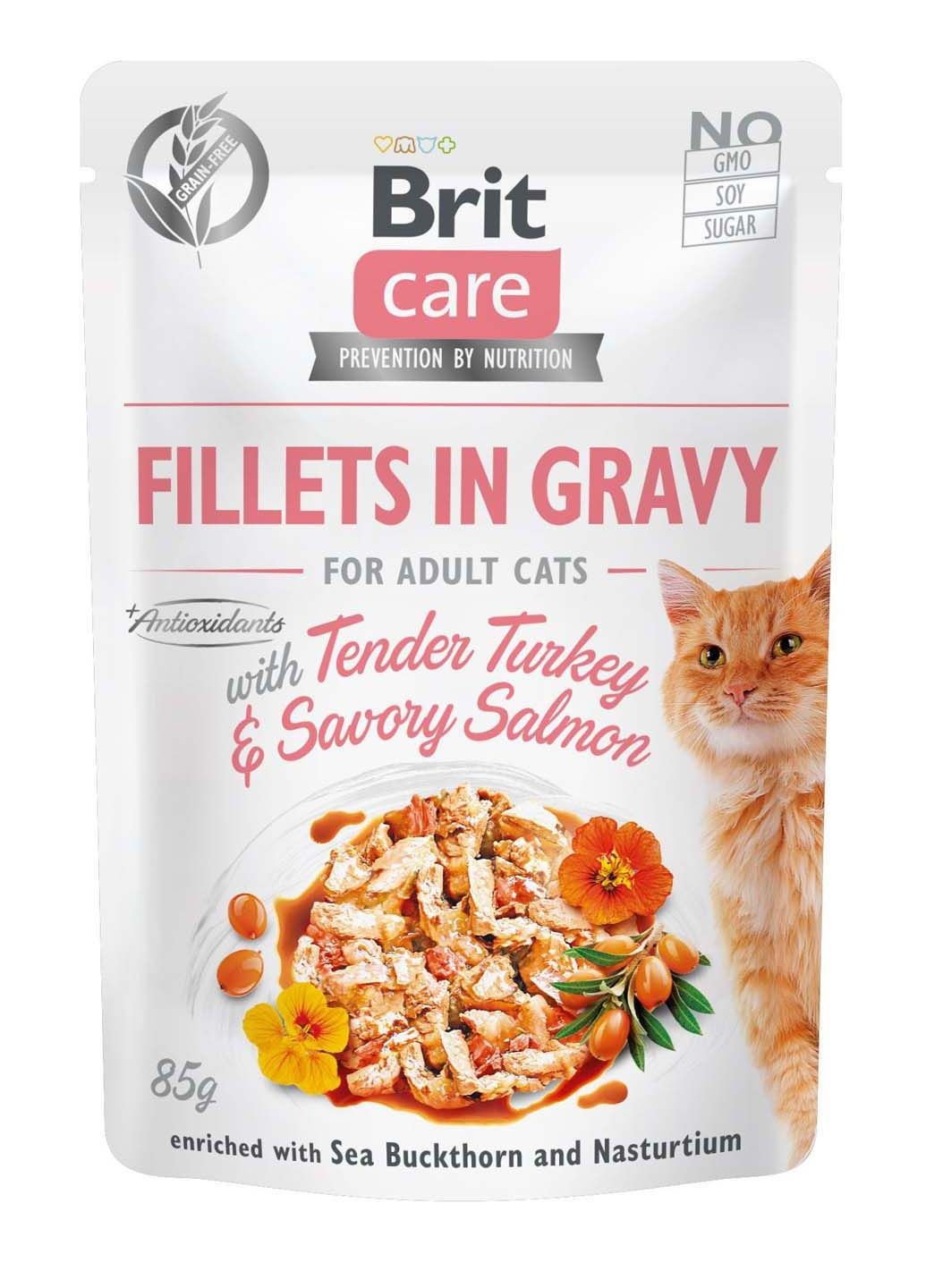 Консервований корм Cat Turkey & Salmon Вологий корм з індичкою та лососем для котів 85 г Brit Care (286472659)