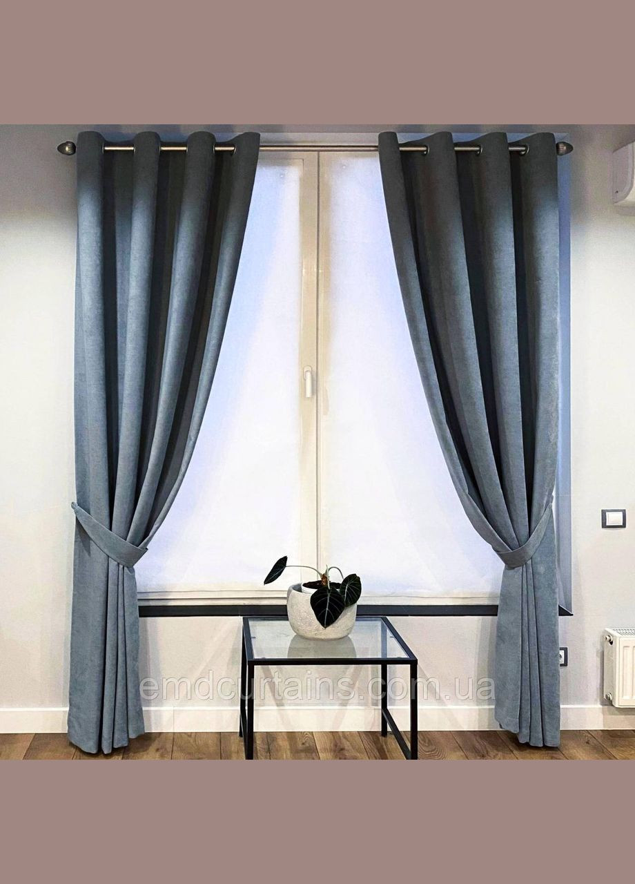 Комплект штори на сірих люверсах 2 шт з підхватами 385х250 см мікровелюр Сіро-синій No Brand (337354721)