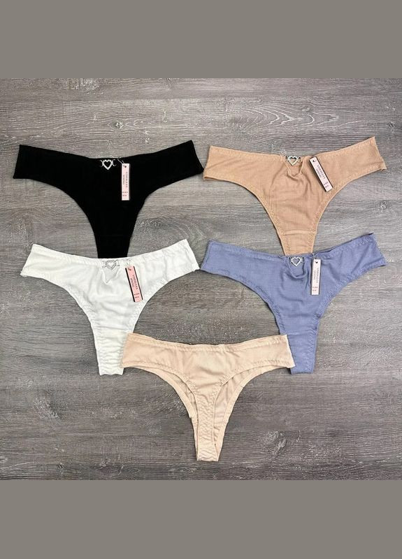 Жіночі бавовняні стрінги в рубчик з високою посадкою та фурнітурою-сердечком 5 штук No Brand Стрінги (340268420)