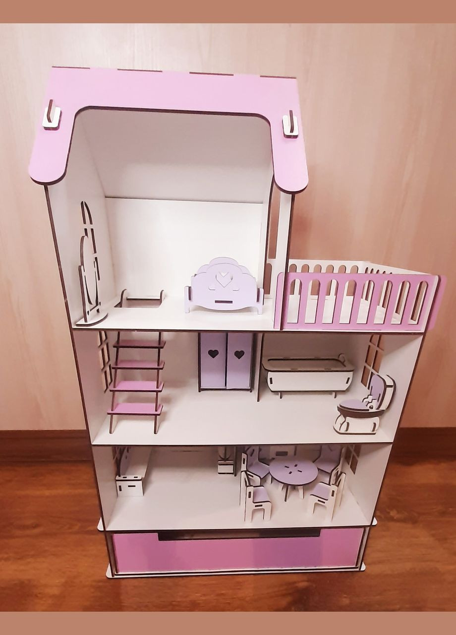 Деревянный безопасный сборный кукольный домик "Яркий" для кукол на три этажа с террасой и выдвижным ящичком No Brand (305076699)