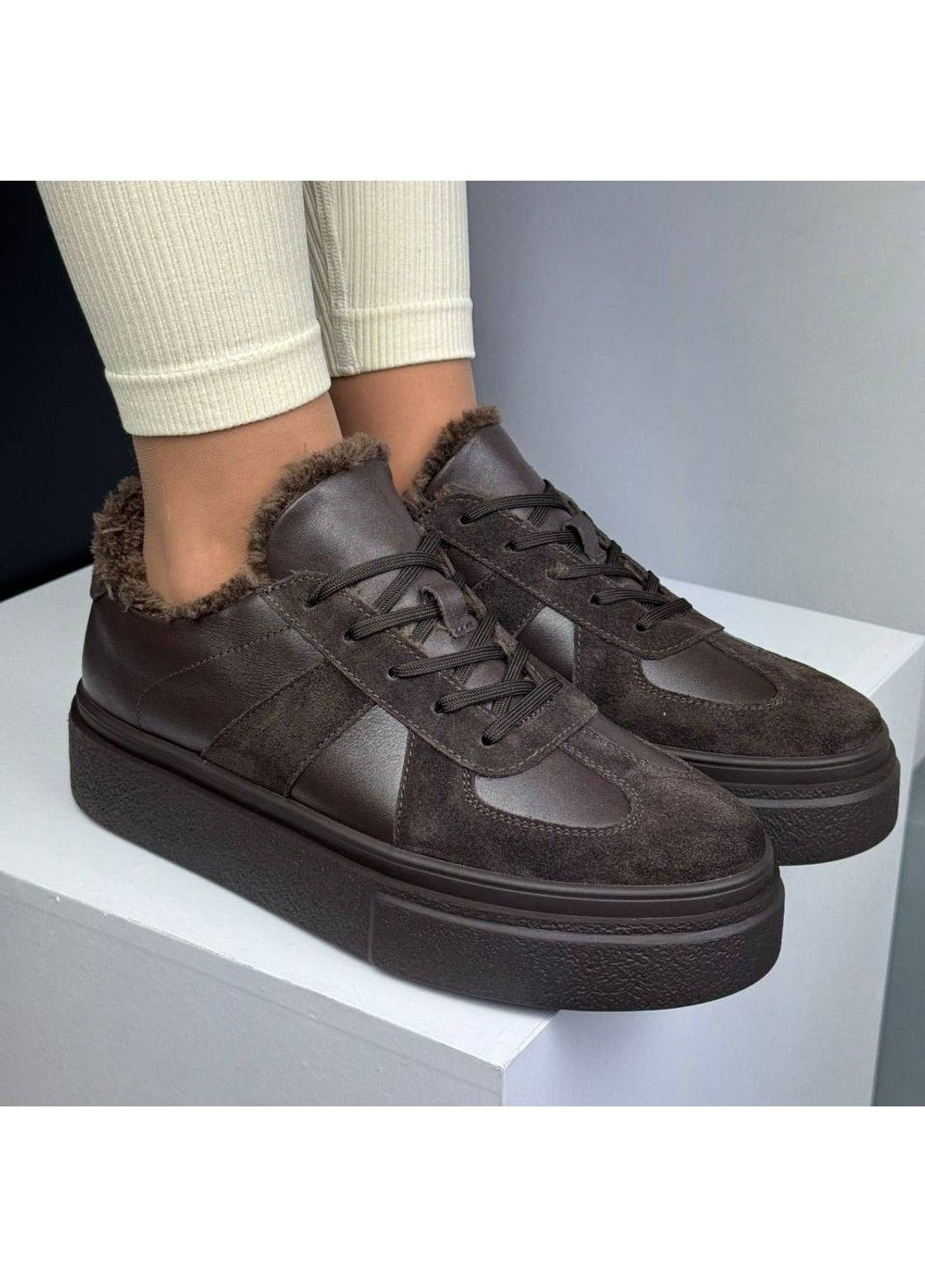 488 Кросовки Зимние Коричневые Кожа с Замшей утепленные No Brand коричневые зима (367960236)