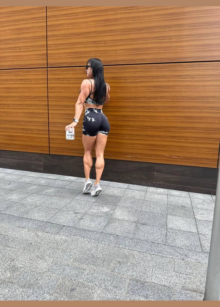 Спортивний комплект з мармуровим принтом (топ та шорти) чорно-сірого кольору, розмір S Trends (330757024)