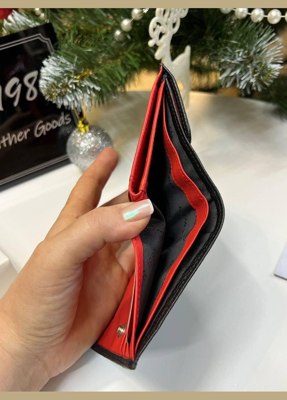 Жіночий гаманець Туреччина натуральна шкіра маленький місткий на кнопці з монетницею чорний з червоною серединою Karya (341322923)