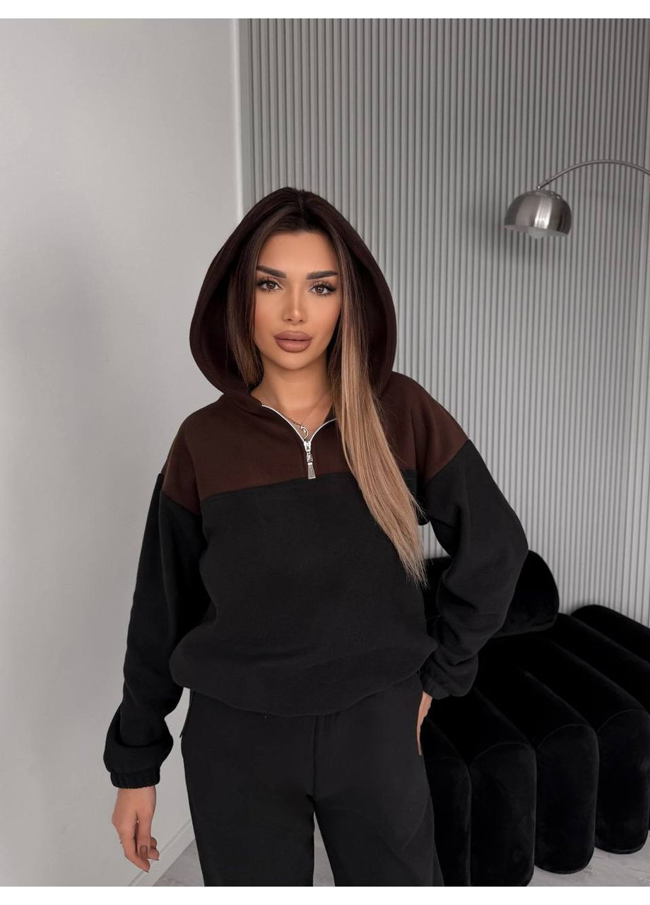 Жіночий костюм флісовий з капюшоном коричневого кольору 36219 Fashion (370881865)