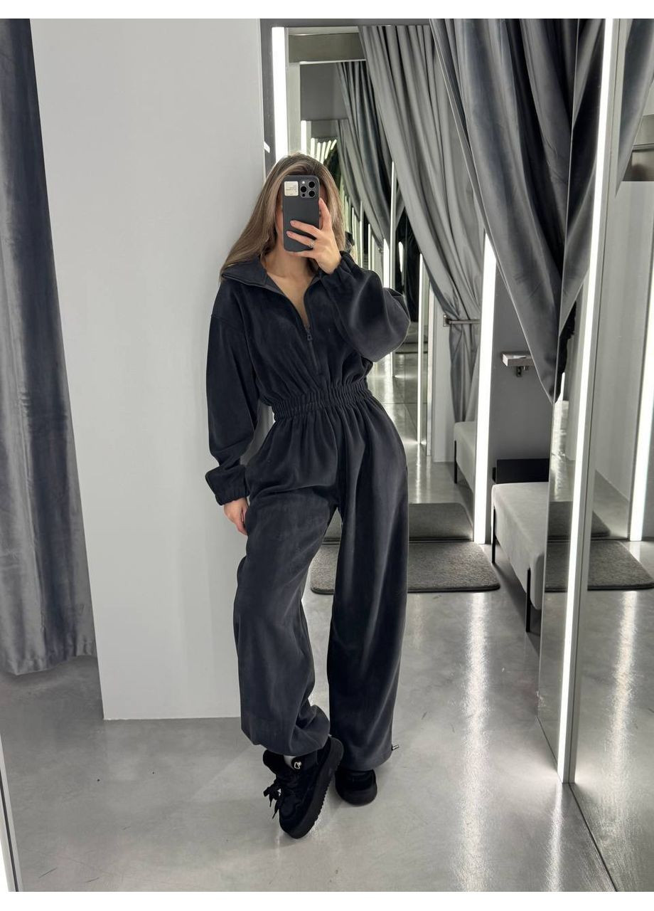 Жіночий велюровий комбінезон оверсайз MonCher комбінезон-брюки графітовий спортивний велюр