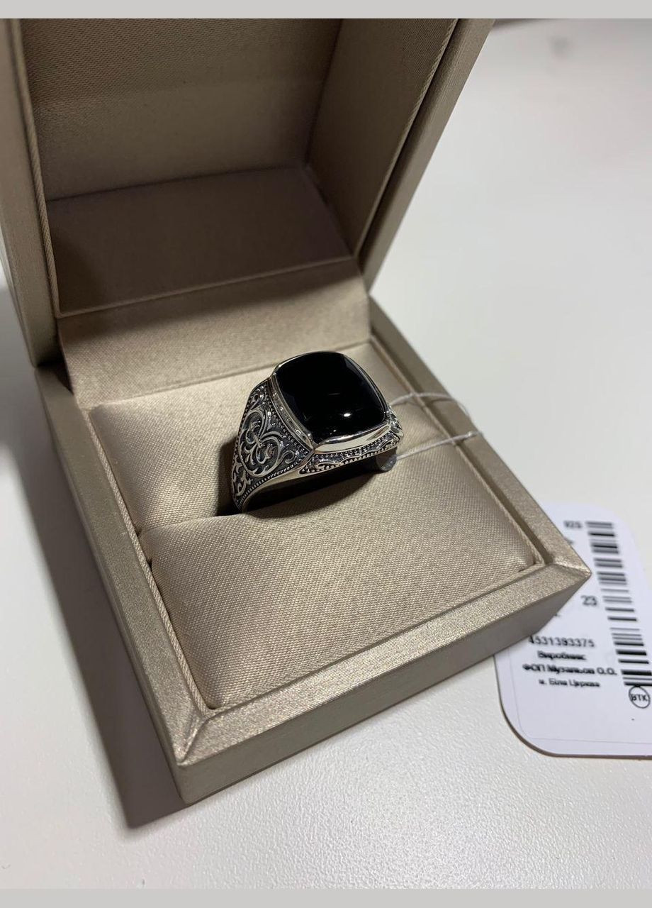 Кольцо серебряное мужское массивное с глубоким узором и черным ониксом. Каштан (342335079)