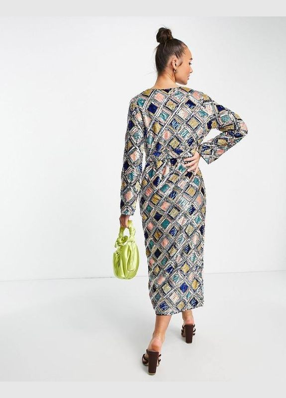 Синя edition вечірня міді сукня у щільних паєтках — фасон на запах Asos