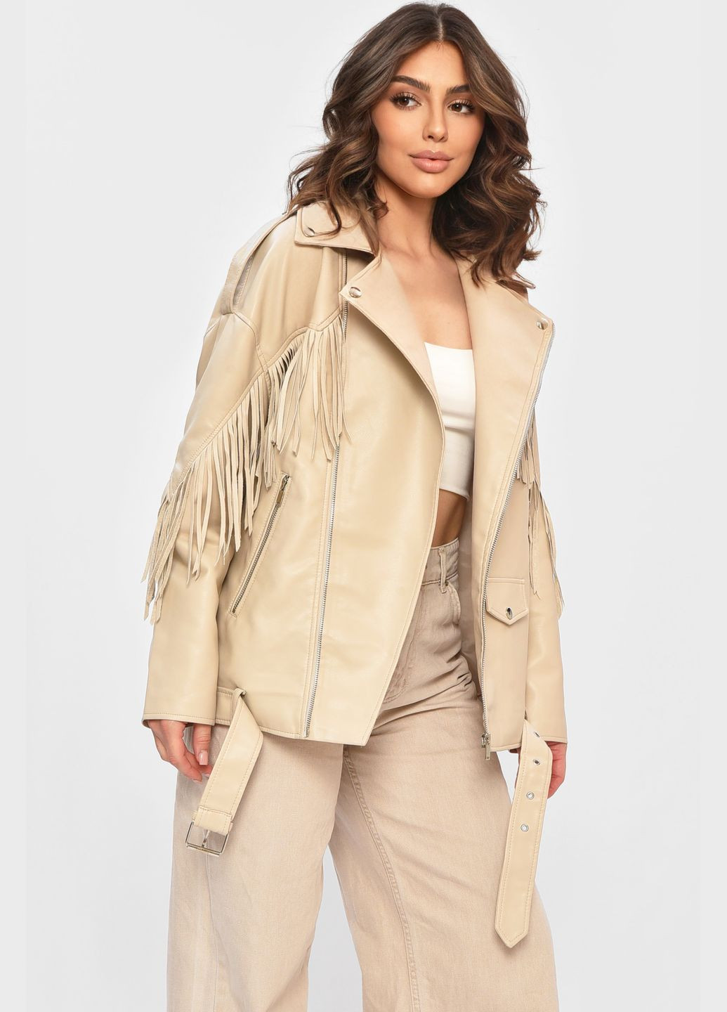 Бежева демісезонна куртка-косуха жіноча з екошкіри бежевого кольору Let's Shop