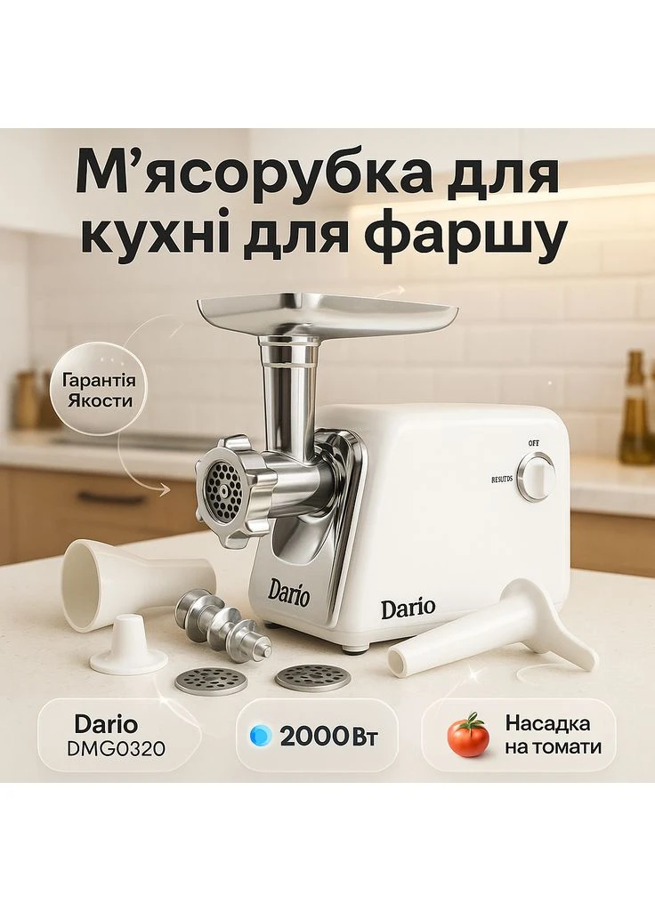 М'ясорубка для дому та кухні DMG0320 2000Вт, М'ясорубка з насадками для нарізання овочів OZ-27 Dario (389791614)
