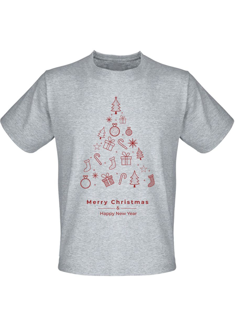 Серая футболка новогодняя erry christmas & happy new year tree (меланж) Fat Cat