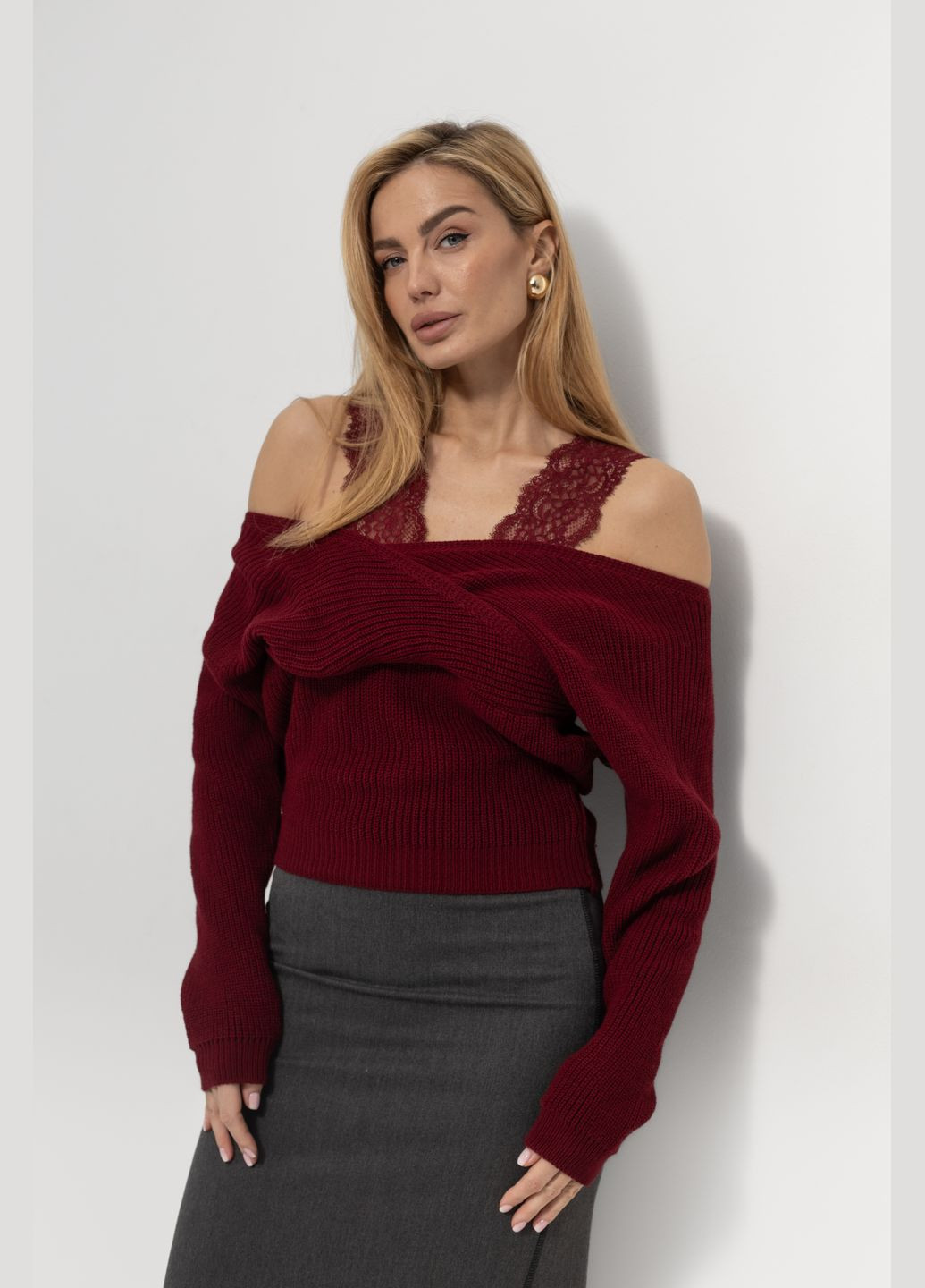 Вязаная кофта на запах с кружевом No Brand (315039861)