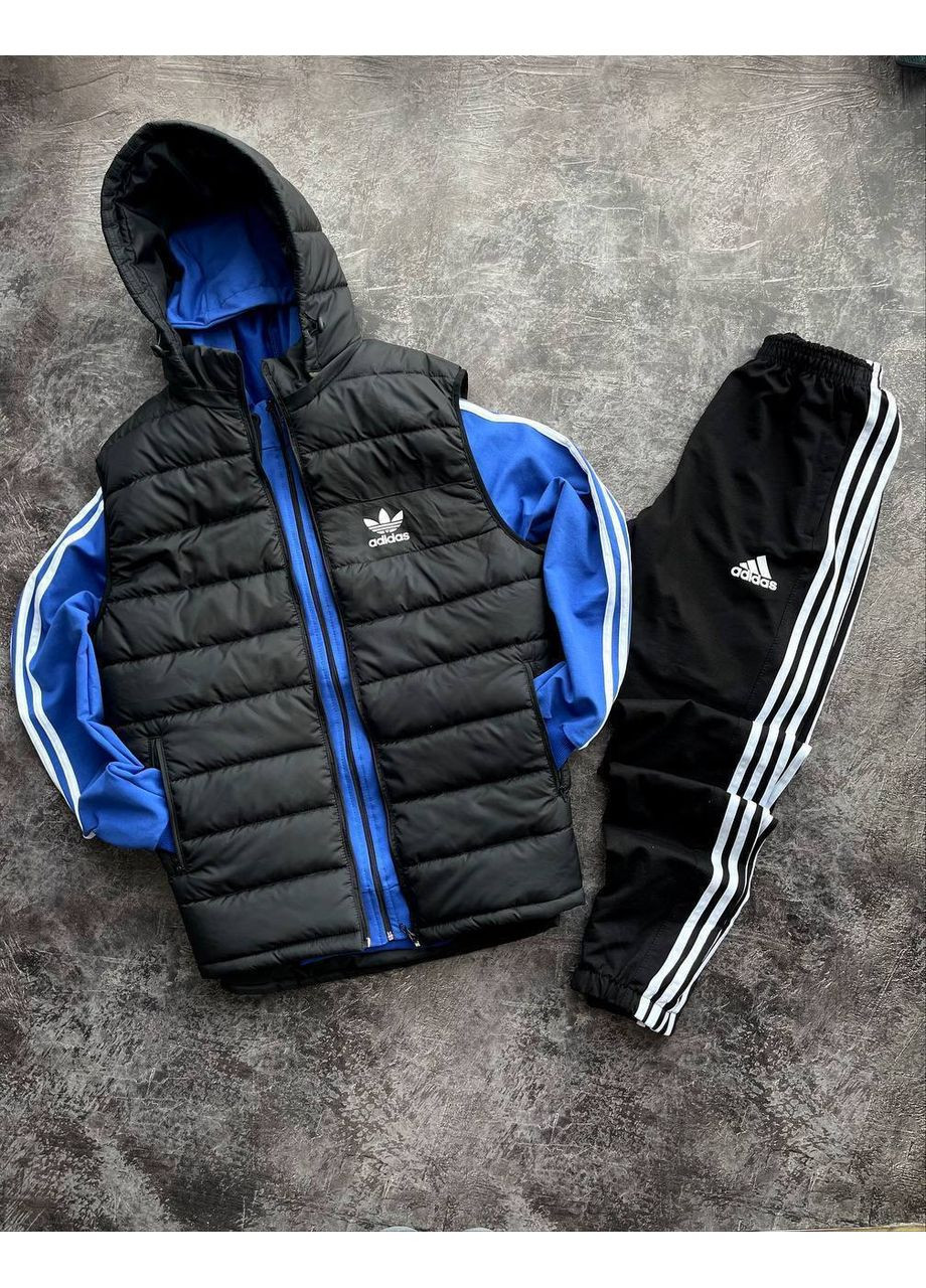 Синій демісезонний костюм adidas трійка туреччина,штани,кофта з капюшоном та жилетка з капюшоном Україна