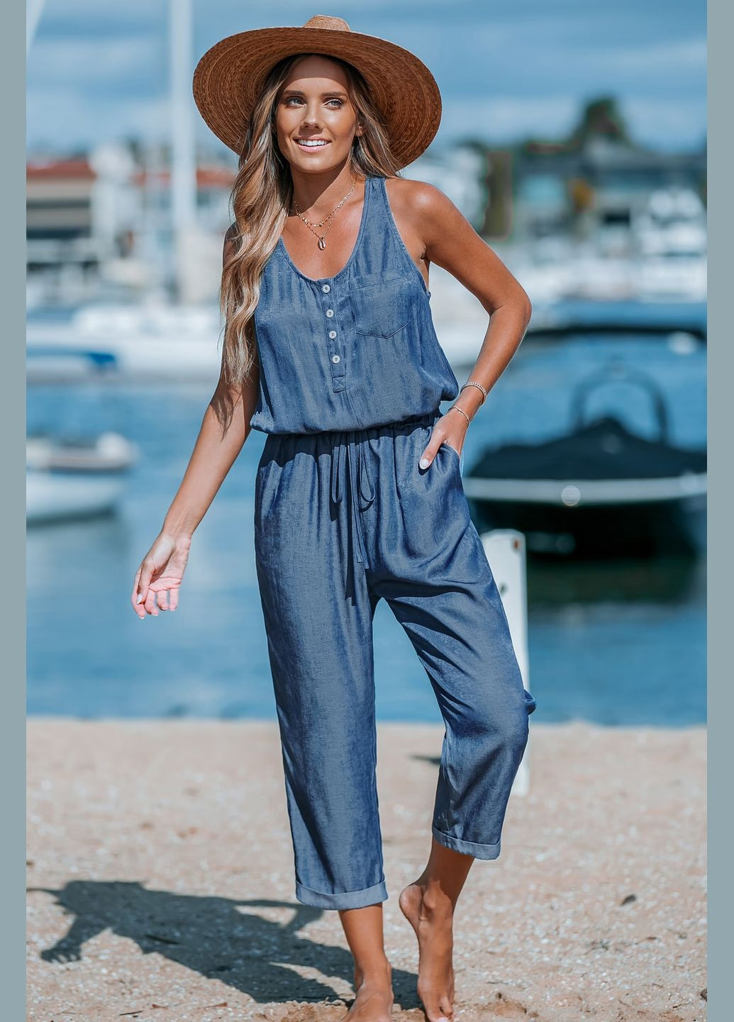 Комбінезон CUPSHE однотонний синій джинсовий віскоза