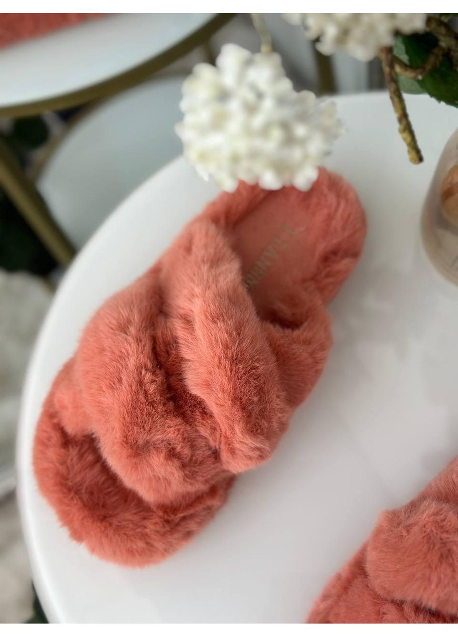 Персиковые женские тапочки меховые персиковые / женские пушистые тапки персикового цвета / женские теплые домашние тапочки персиковые No Brand