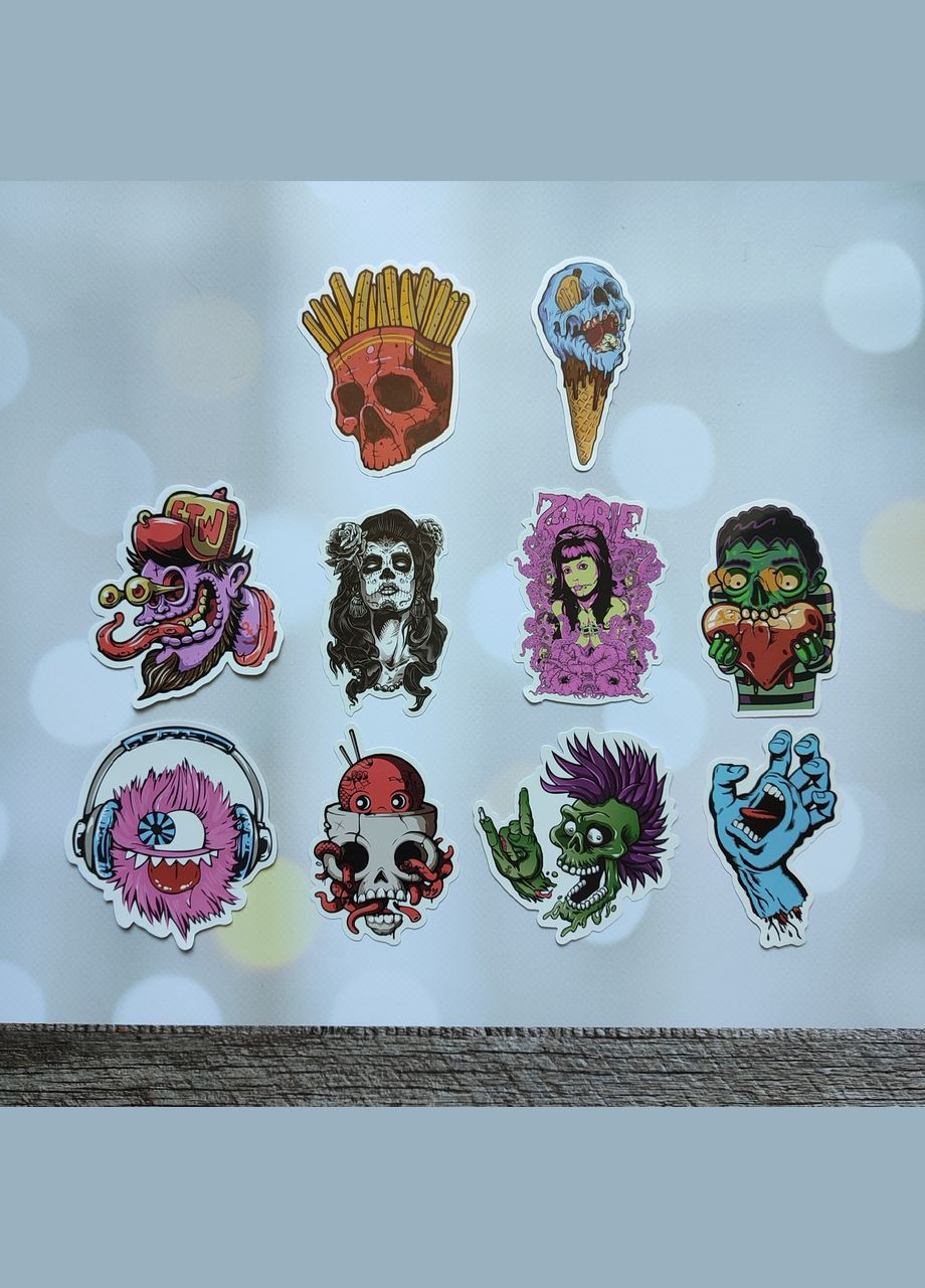 Наклейки, стикеры, стикерпак "Монстры. Зомби. Черепа". Набор из 10 шт. №1 SureGeek (322243742)