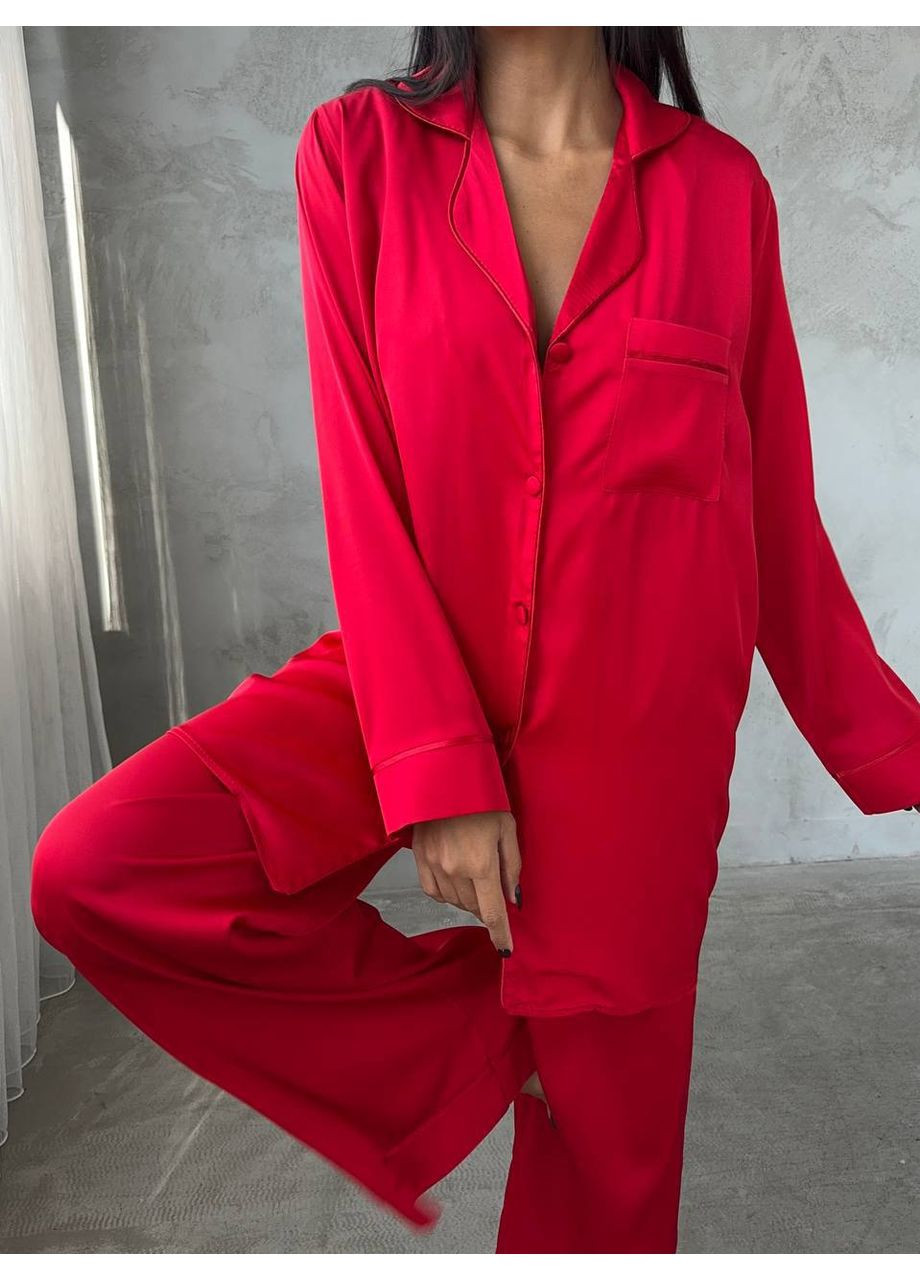 Яскраво-червона всесезон жіноча піжама трійка (топ-бра, сорочка, штани палацо) No Brand