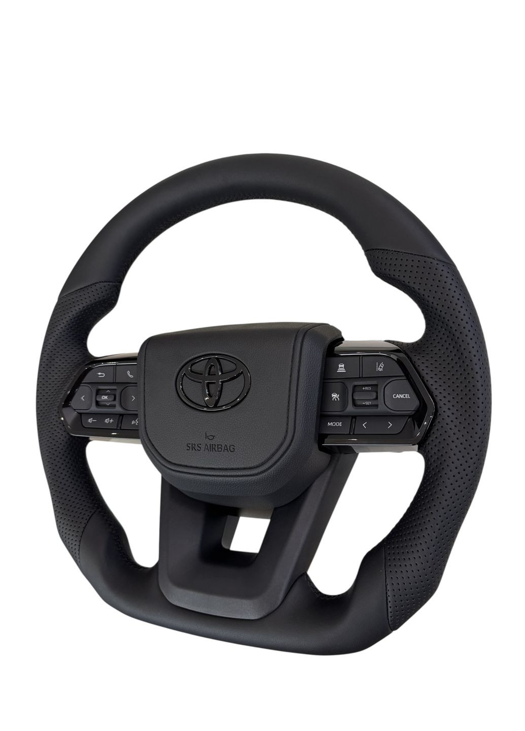 Руль для Land Cruiser 200, Prado 150. В сборе. С подогревом. Кожа. Со скошенным низом. Логотип – черный глянец. Toyota (351893716)