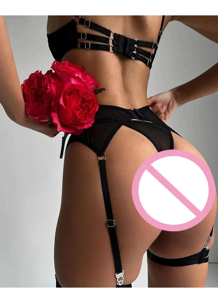 Черный демисезонный кружевной комплект с поясом. кружевное нижнее белье. хорошее белье. соблазнительный комплект No Brand