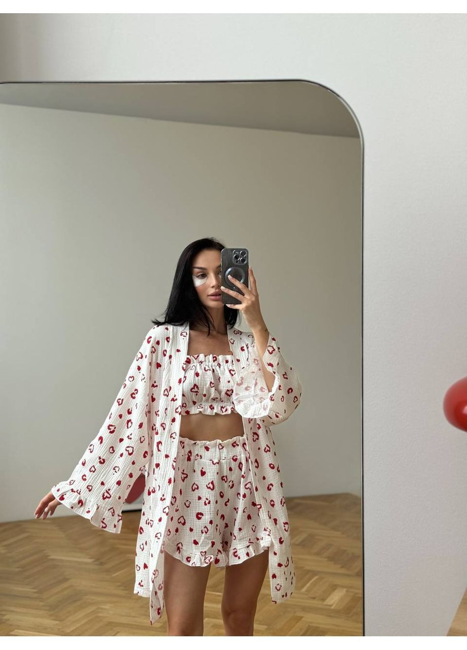 Белая женская пижама тройка из муслина Osoblyva