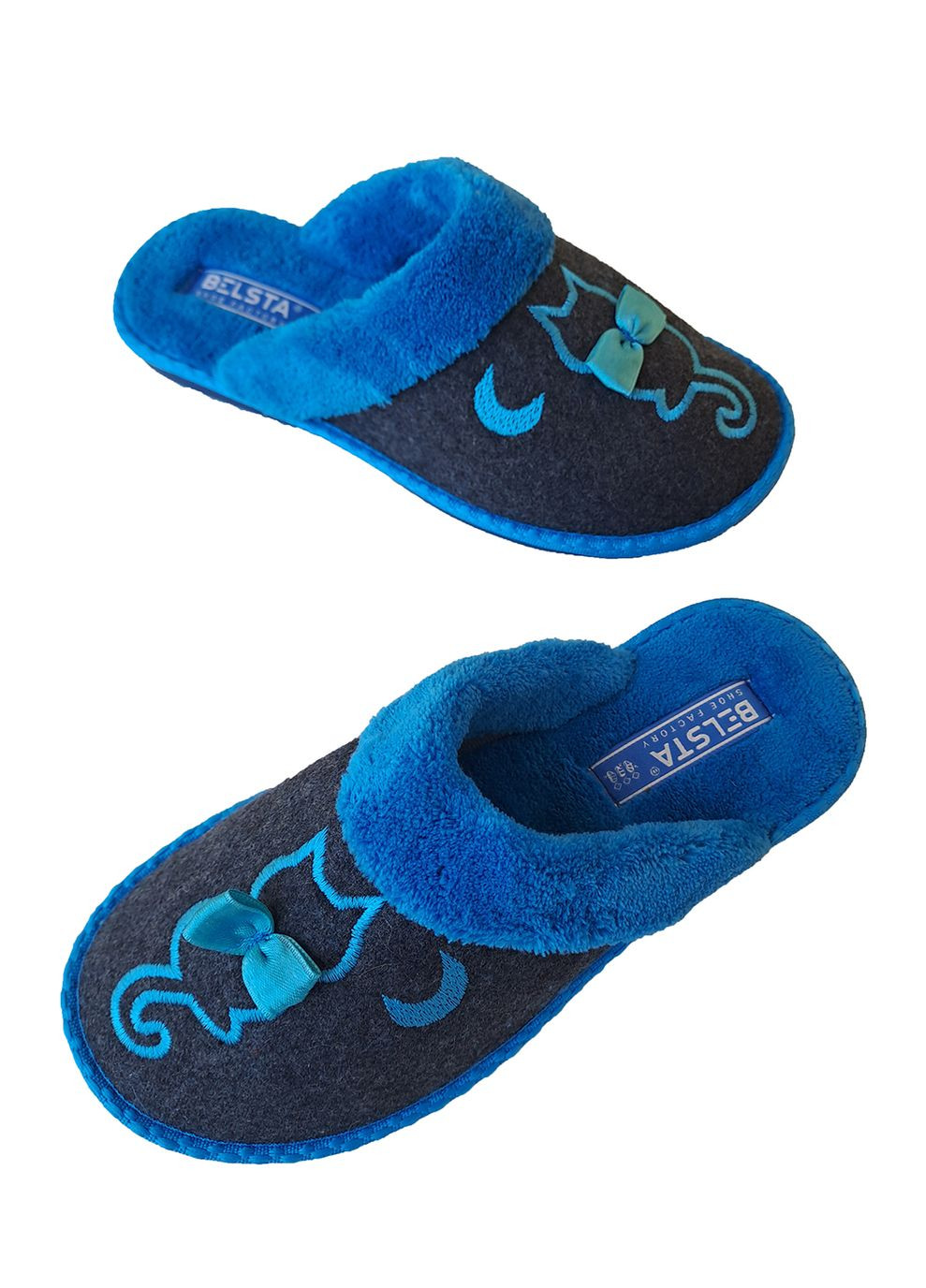 Синие тапочки женские махровые закрытые Белста с вышивкой