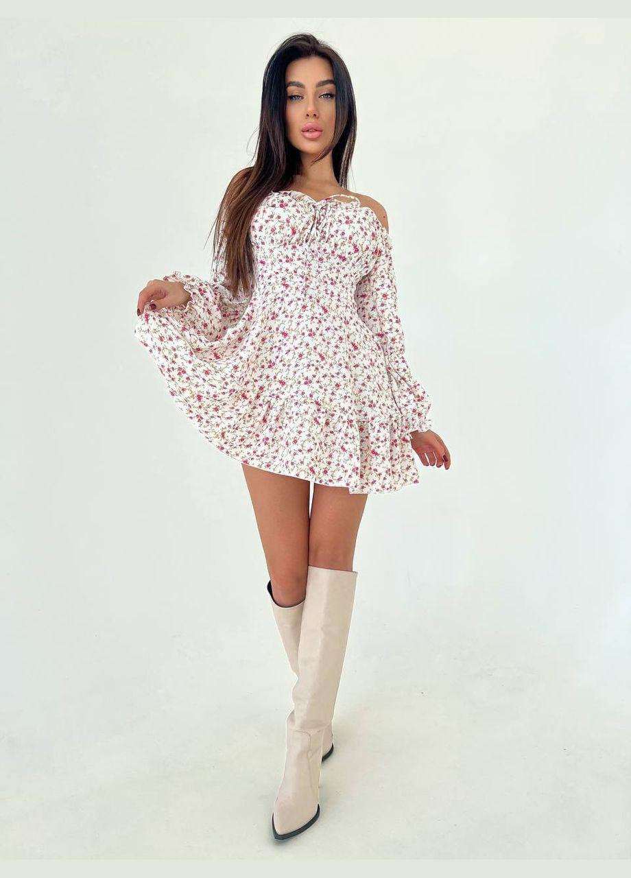 Белое женское платье мини цвет белый розовые цветы р.42/44 453806 New Trend