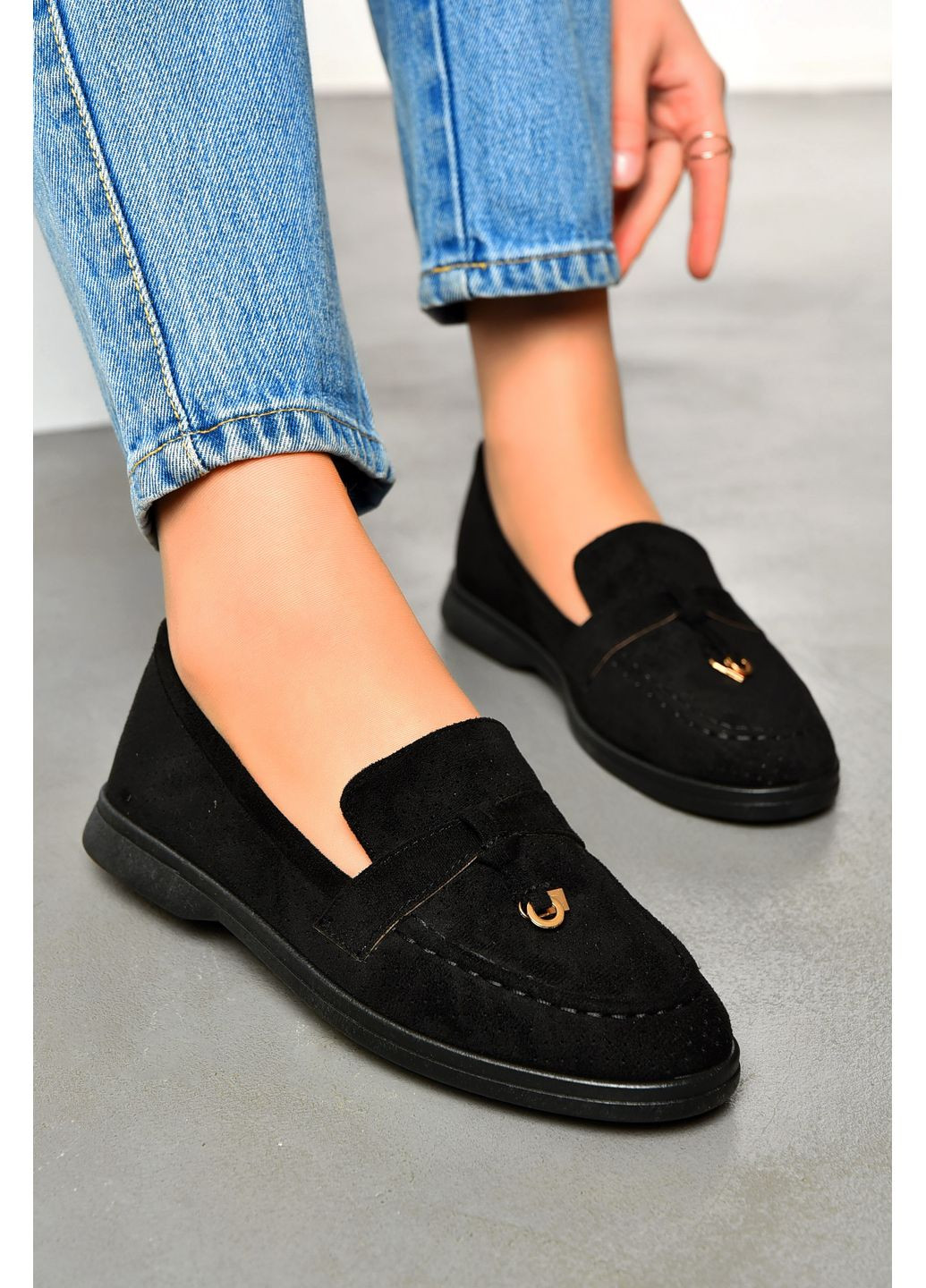 Let's Shop Туфли-лоферы женские черного цвета лоферы черный з искусственная замша, украина — демисезон (354180718)