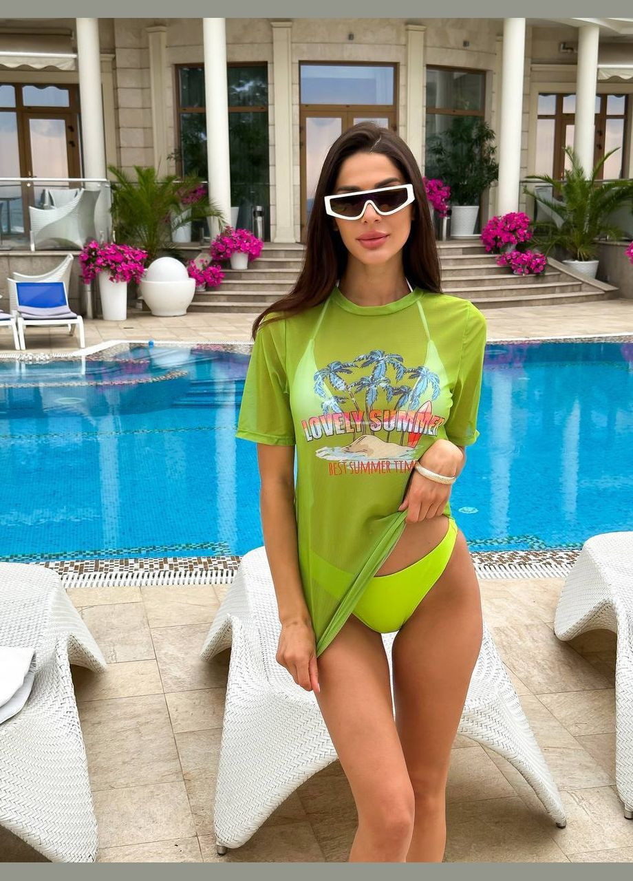 Салатовый летний яркий купальник тройка с футболкой сеткой раздельный Vakko