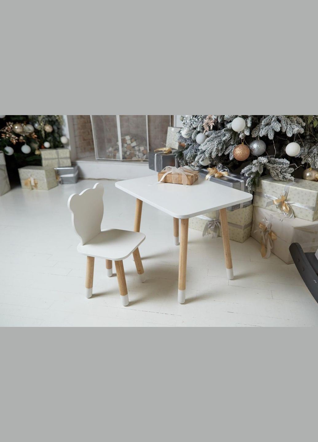 Столик прямокутний та стільчик дитячий ведмежа, білий, дерево, для розвитку та малювання. (277712) Масяня (341309461)