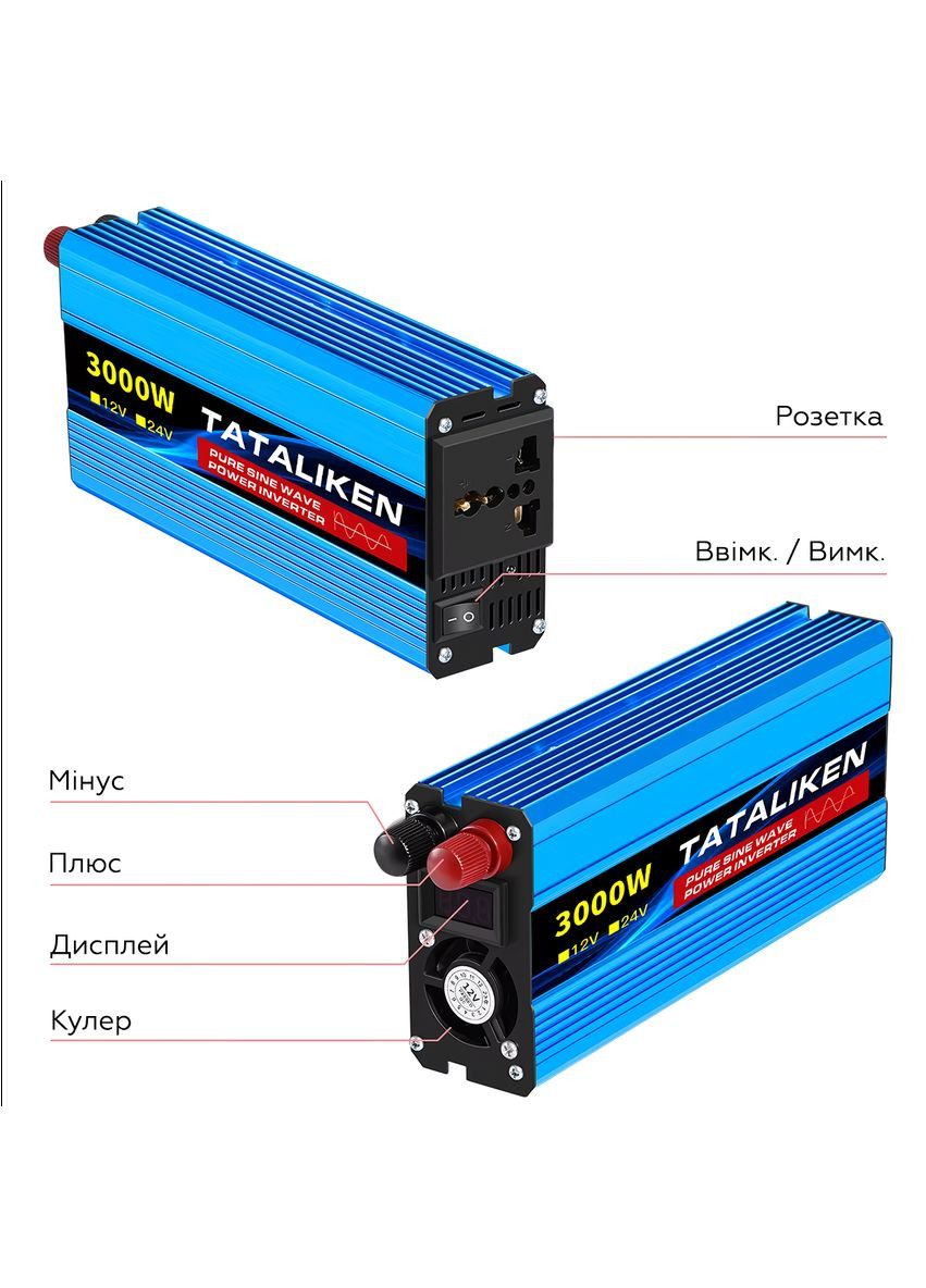 Інвертор 1200w/3000w 12-220v чистий (правильний) синус pure sine перетворювач напруги 12 в 220 м Tataliken (350947332)