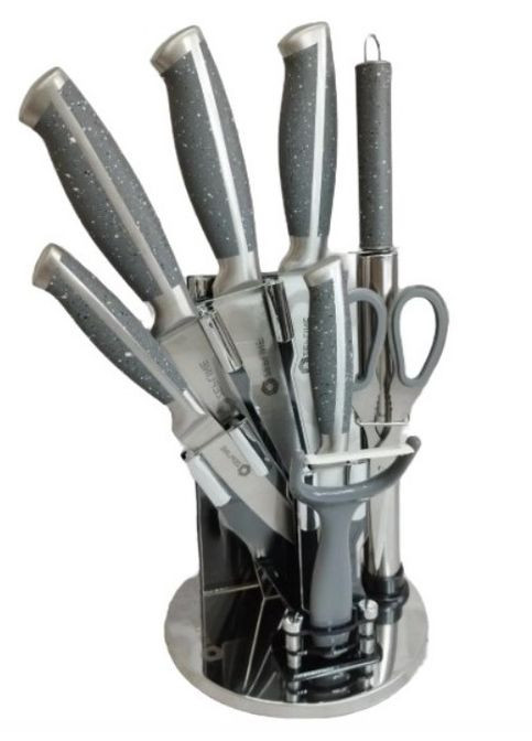 Набор ножей для кухни с подставкой 9 предметов серый (2104618512) Zepline ZP-027 серые, пластик, нержавеющая сталь