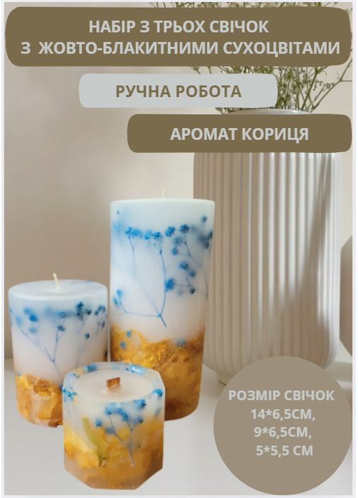 Набор свечей ручной работы декоративные ароматизированные свечи в наборе из 3 шт с голубой гипсофилой и желтой розой Handmade Studio - AV (372019488)