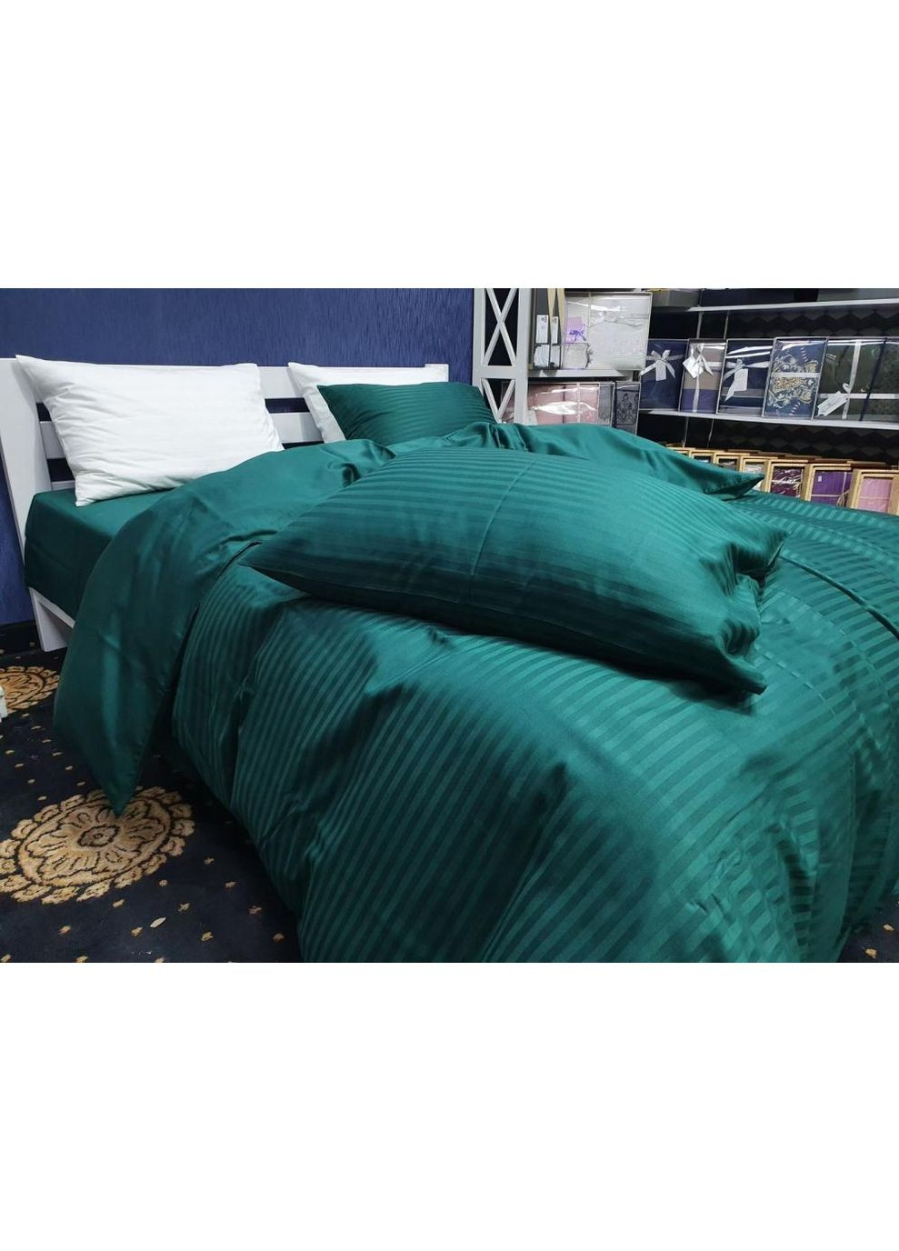 Постільна білизна з резинкою DEEP EMERALD страйп + однотонний сатин Евро розмір, наволочки 70/70 No Brand (363190928)