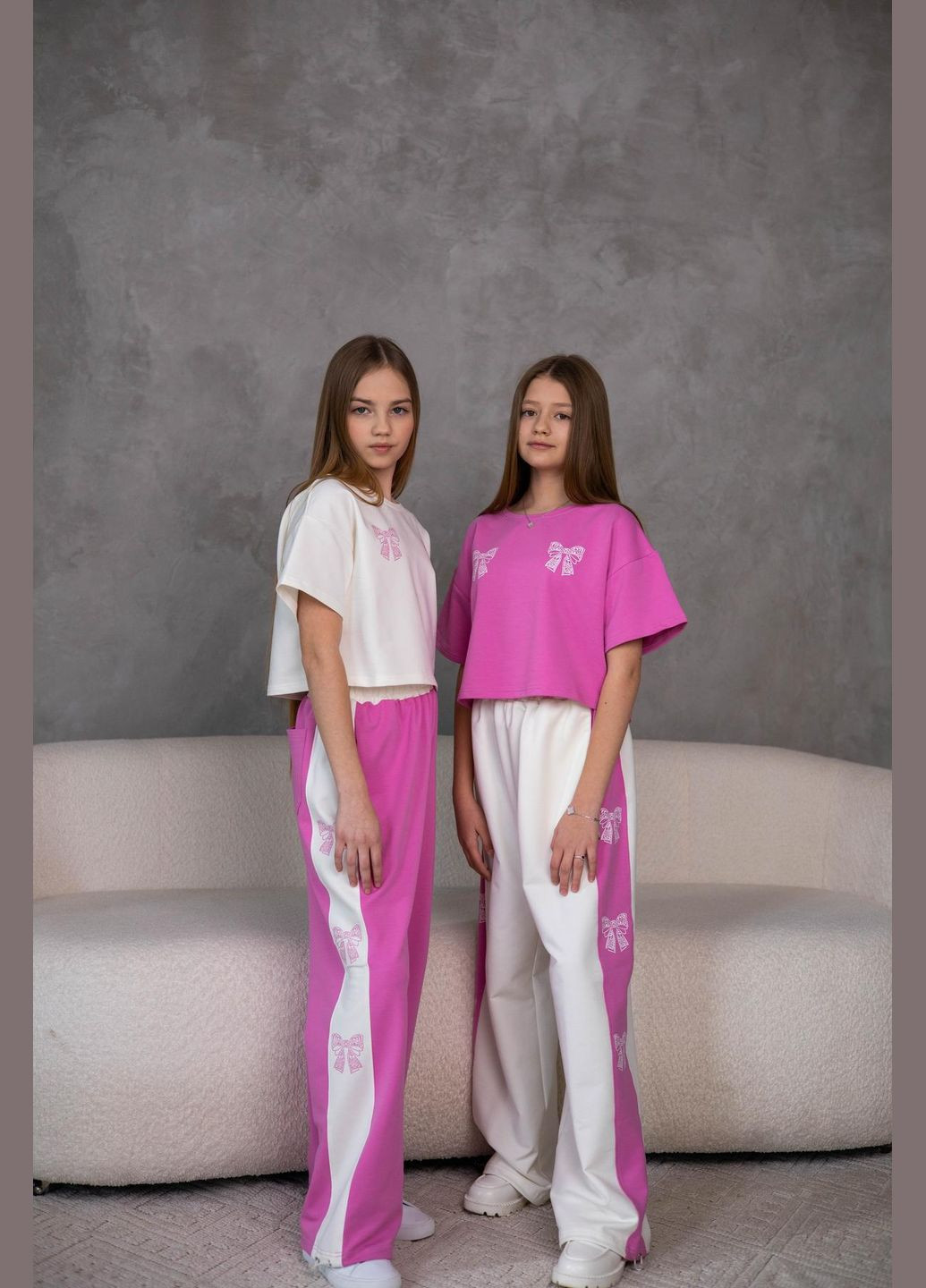 Рожевий літній комплект "бантики" з рожевою футболкою брючний IRmAS оверсайз