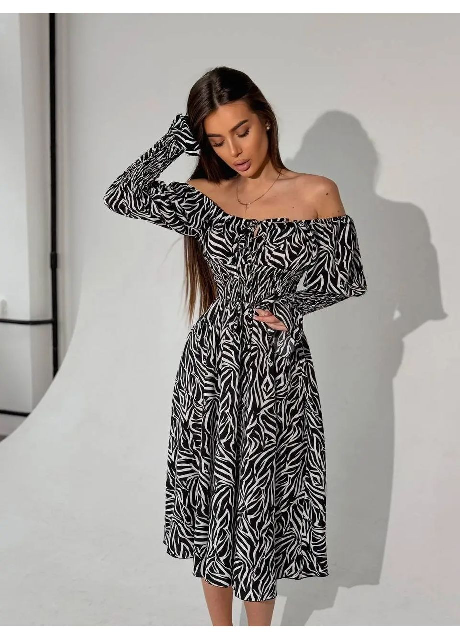 Чорно-білий cукня міді з принтом біла квітка на зеленому No Brand