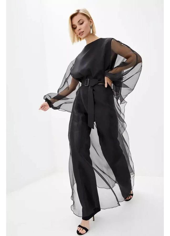 Черное женское платье-накидка из органзы оверсайз mkrm2279-2 Rica Mare