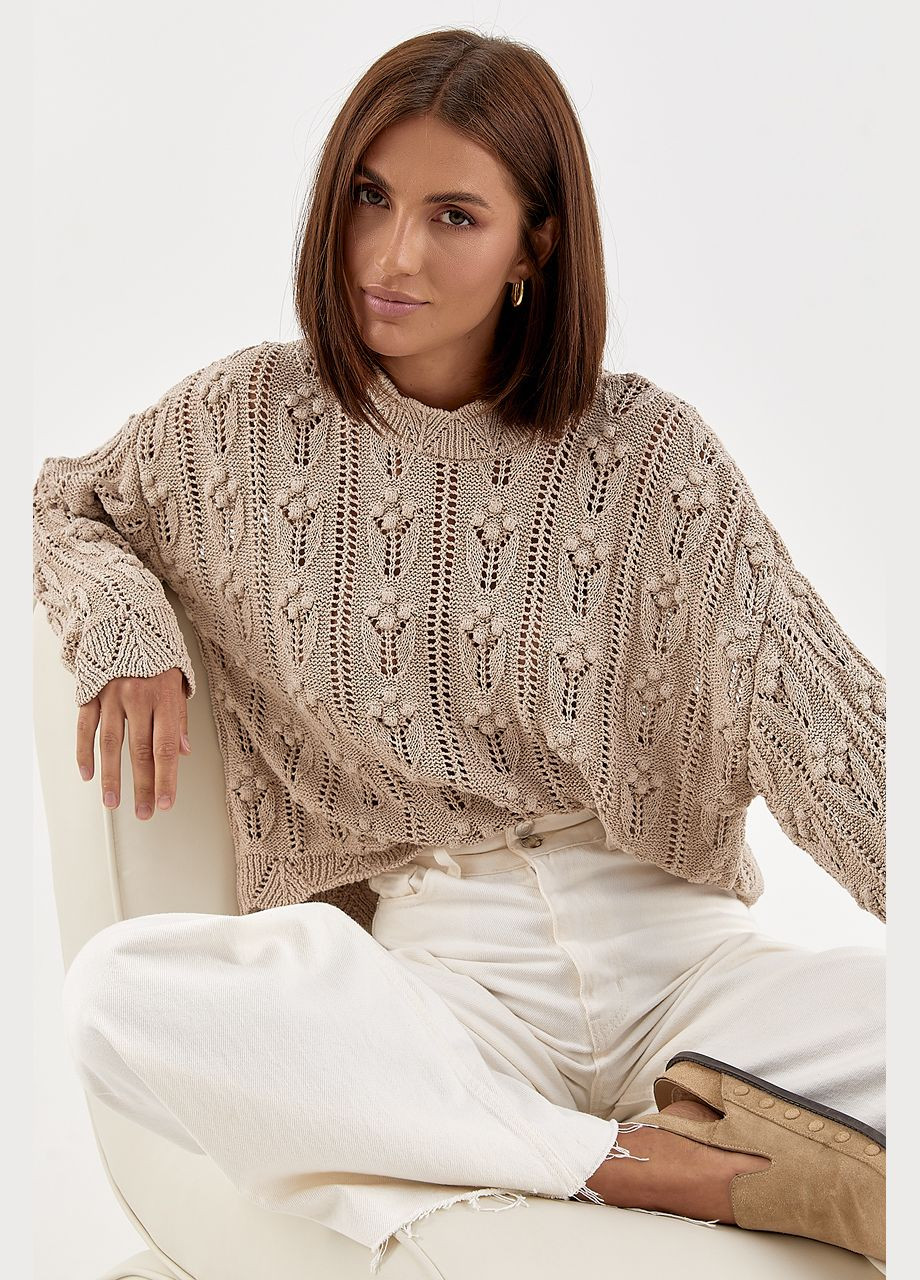 Кавовий демісезонний жіночий светр з ажурної в'язки Lurex