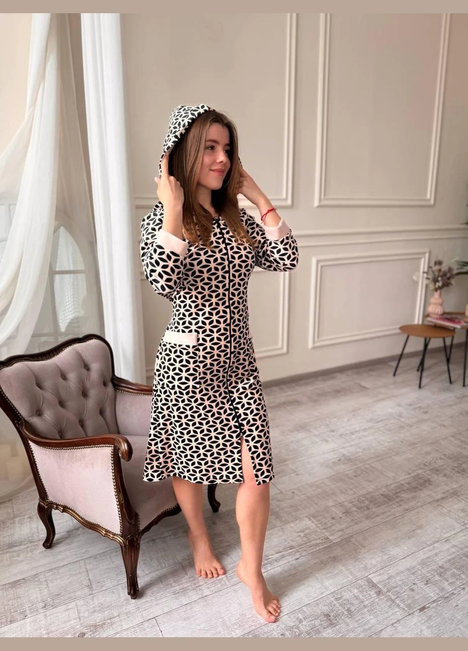 Велюровий халат з капюшоном на замку з довгим рукавом Бежевий L/XL (velur009-4-01) No Brand (323160810)