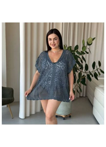 Пляжная короткая серая туника PLUS SIZE тонкая вязка No Brand (391249310)