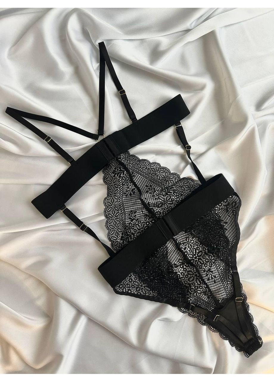 Боді еротичне чорне з відкритими грудьми / Мереживне боді з ремінцями і кільцями / Сексуальне боді для особливих моментів No Brand (365550190)