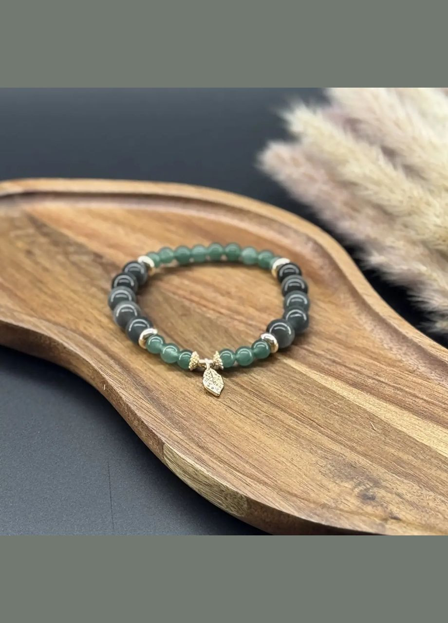 Браслет на гумці Котяче Око сіре (синт), Кварц під Нефрит +підвіска Листочок колір золото d-9х6мм+- L-18см No Brand Браслет (324836284)