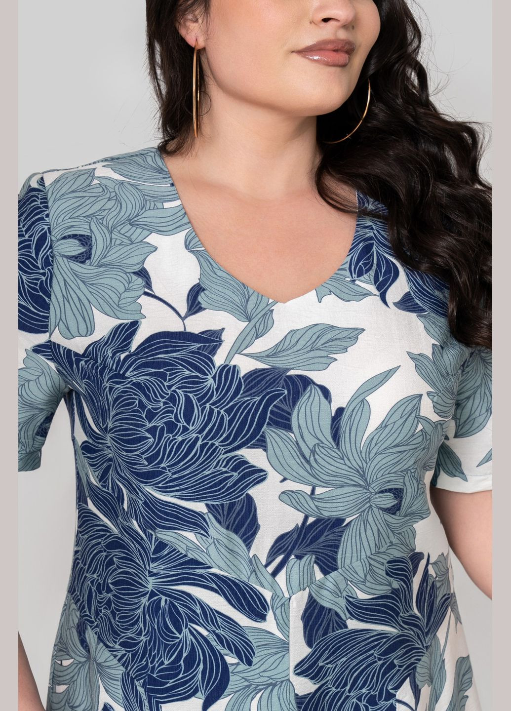 Светло-голубое повседневный платье прямого силуэта из ткани лен бохо клешенное вниз all posa (ap102375p) A'll Posa