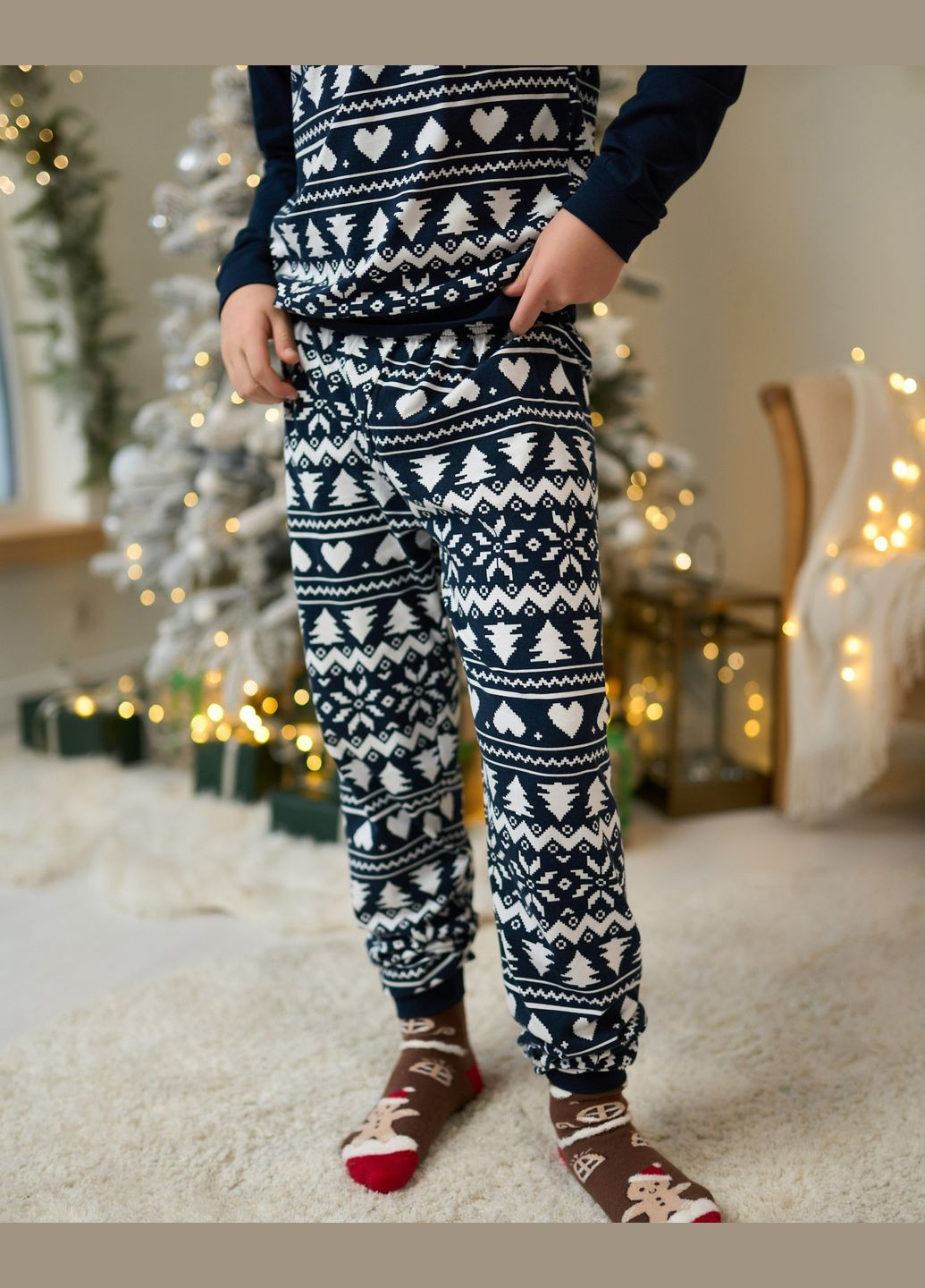 Темно-синя зимня піжама дитяча для хлопчика з різдвяним принтом в синьому кольорі, комплект піжамний дитячий, family look кофта + брюки Tom John