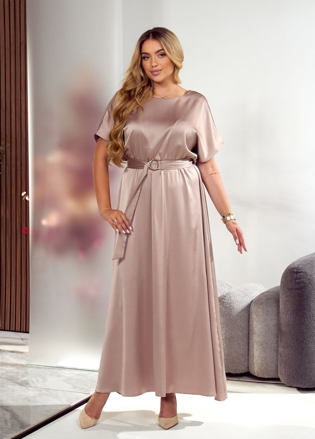 Темно-бежева святковий, коктейльна, вечірня вечірня сукня максі довжини з відкритою спиною та поясом дзвін, з відкритою спиною No Brand однотонна