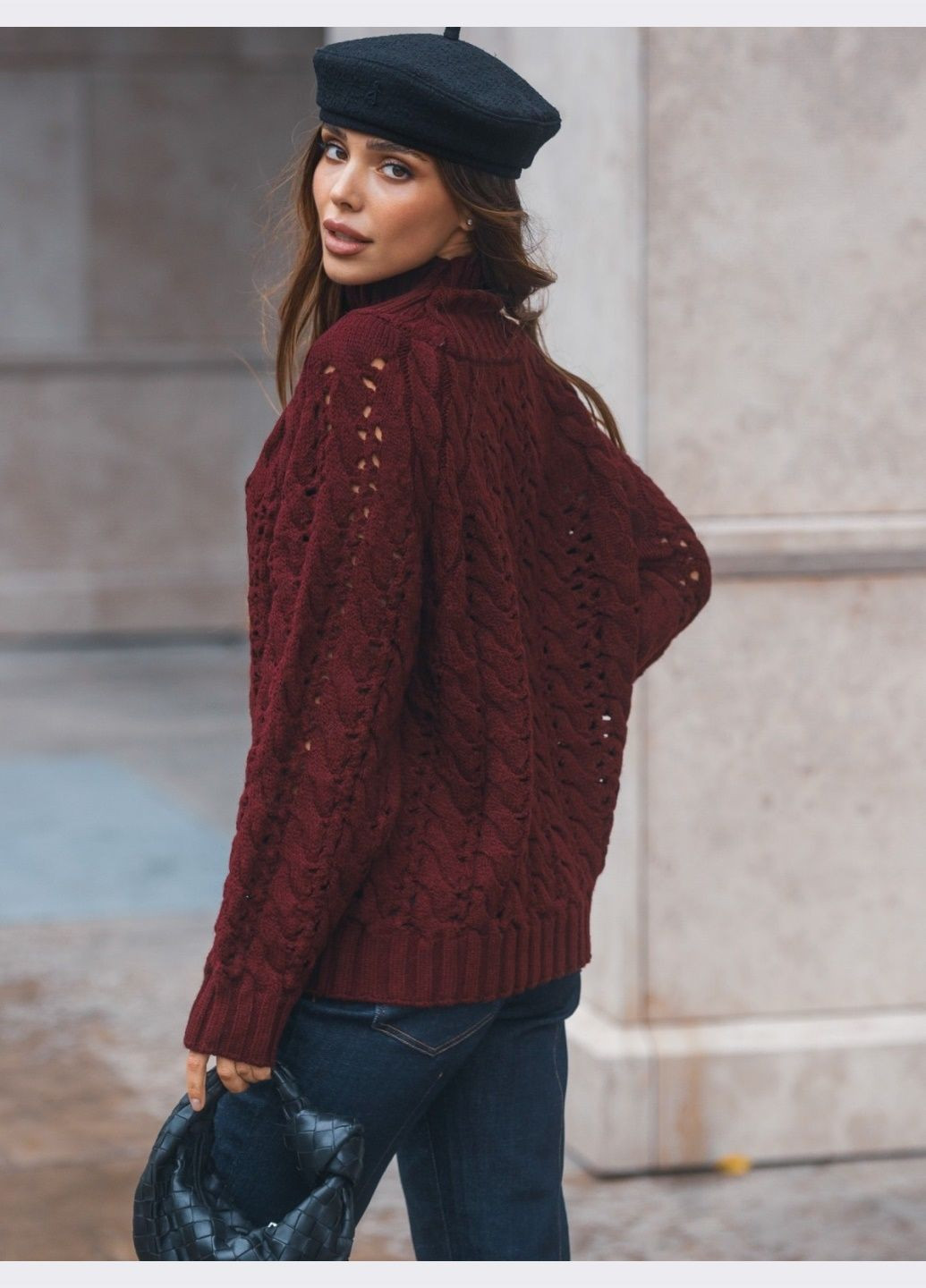 Бордовый демисезонный свитер ажурной вязки бордовый Dressa