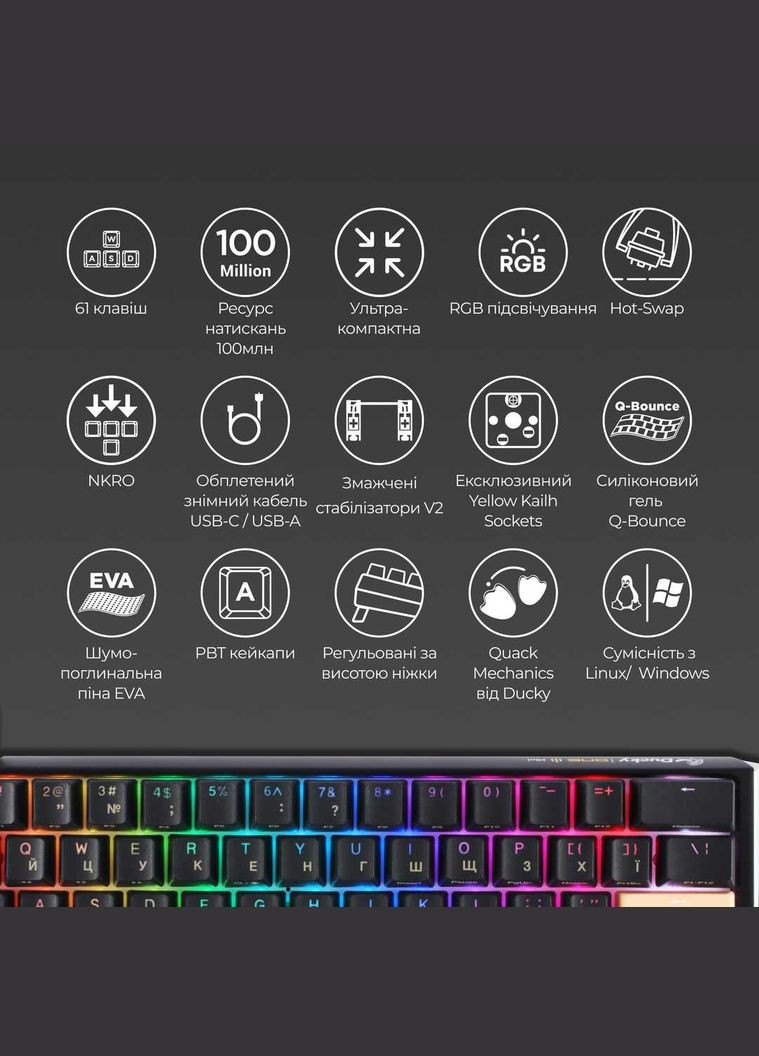 Клавіатура One 3 Mini Cherry MX Brown RGB UA USB Black (DKON2161ST-BUAPXCLAWSC1) Ducky (336955716)