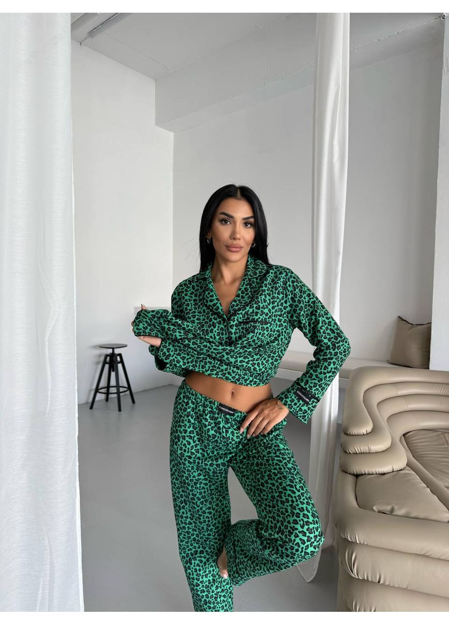 Зеленая всесезон женская пижама зелёная с леопардовым принтом рубашка + брюки Vital-Textile 1289