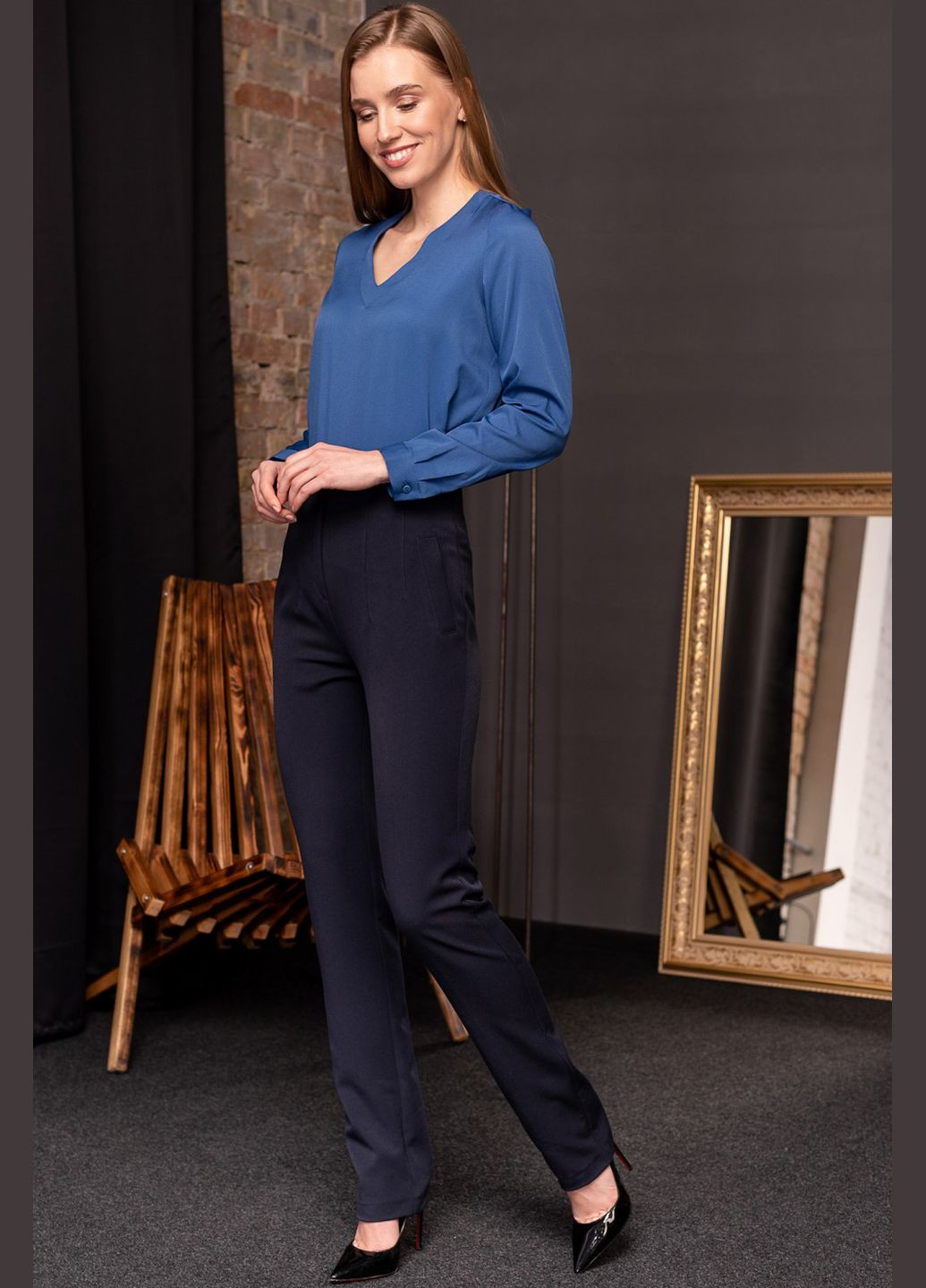 Синяя женская блуза с манжетой (ll136210068) LadyLike