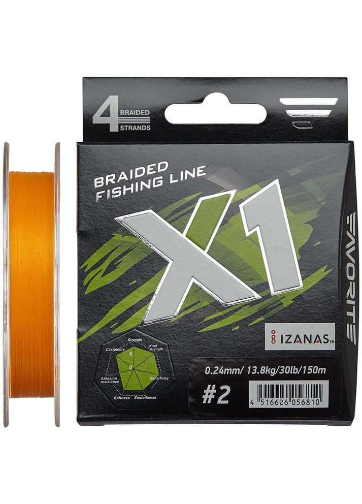 Шнур X1 PE 4x 150м (orange) #2.0/0.240mm 30lb/13.8kg 1693.11.23 Favorite (316518227)