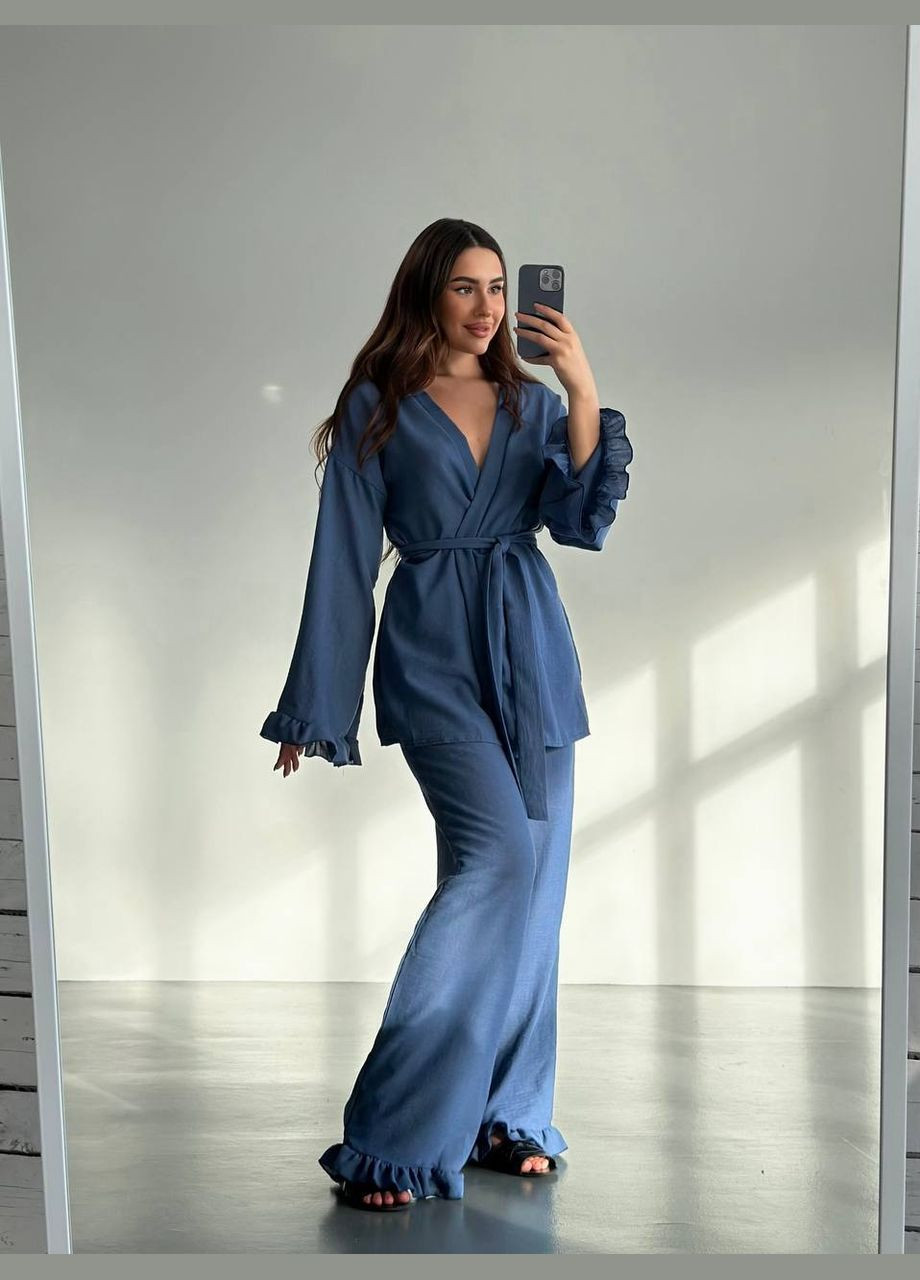 Якісний лляний костюм двійка (кімоно+брюки) з поясом у комплекті, приємний до тіла синій костюм із натуральної тканини No Brand 1576-1 (301407573)