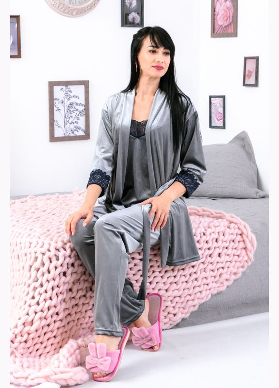 Сіра всесезон комплект жіночий (халат, майка, штани) (p-7859) Носи своє